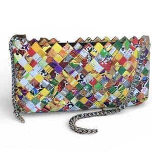 OVERSIZED CLUTCH /SHOULDERBAG, COLORFUL hand woven candy wrappers. Zip top.